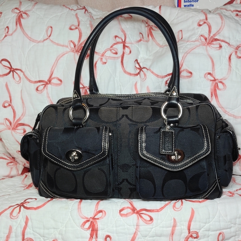 Coach Black Signature Canvas Satchel with Dual Front Pockets
